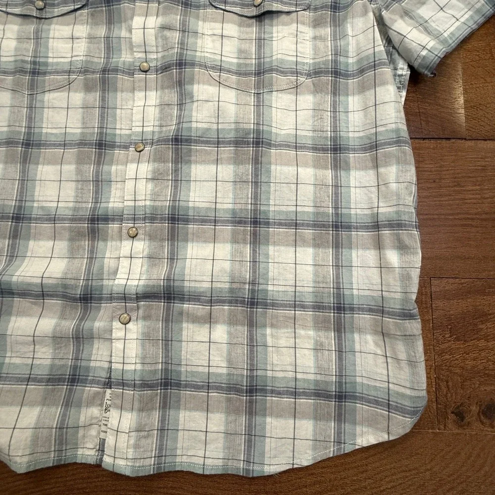 Lucky Brand Western Shirt Mens XXL Blue Plaid Saturday Stretch Short Sleeve Snap